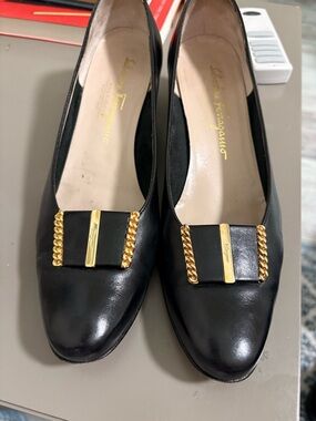 Salvatore Ferragamo Black Leather Loafers with Gold Vara Accents